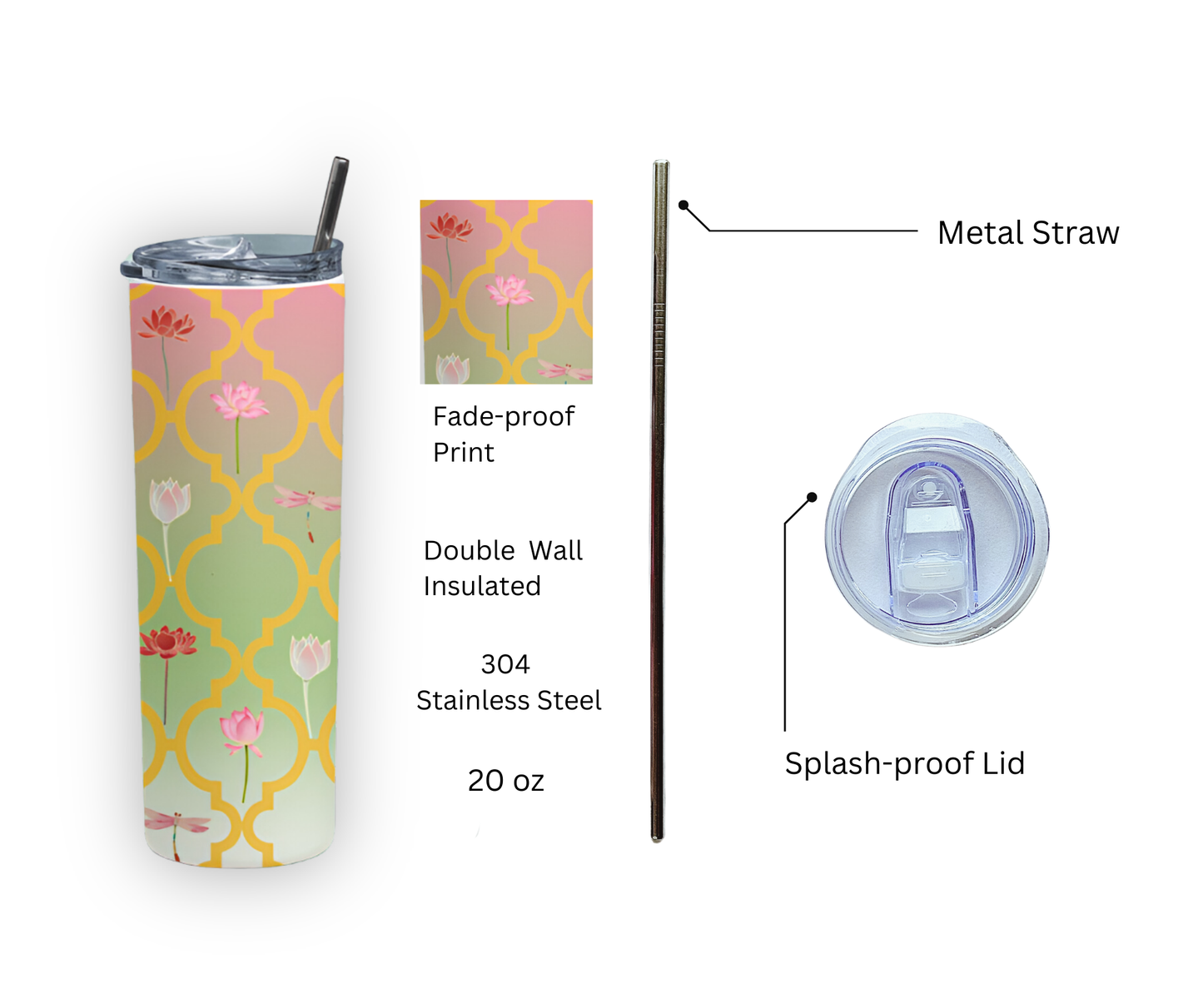 Eden & Seraph Stainless Steel Double Walled Insulated Tumbler with Splash Proof Lid & Metal Straw